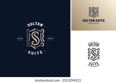 Escudo dourado de luxo com letra inicial S para design de logotipo de marca premium elegante ou clássico