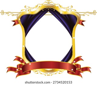 Luxury golden shield shaped border featuring draped dark purple velvet curtains and flowing red satin ribbons with sparkling light accents