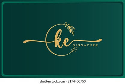 Luxury golden Signature Initial KE Logo Design isolated dark background. Handwriting Vector Logo Design Illustration Image