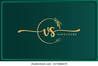 Luxury golden Signature Initial VS Logo Design isolated dark background. Handwriting Vector Logo Design Illustration Image