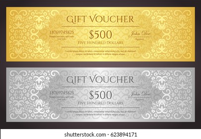Luxury golden and silver gift voucher with vintage ornament pattern