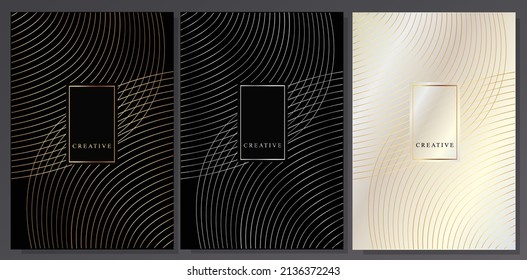 Luxury golden, silver, platinum brochure. Metallic curved lines on black background. Modello geometric abstract elegant. Set of covers design.