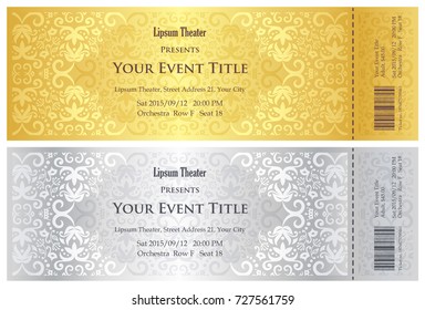 Luxury golden and silver theater ticket with vintage pattern