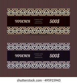 Luxury golden and silver vouchers. Vector gift cards. Coupon discount with vintage design.