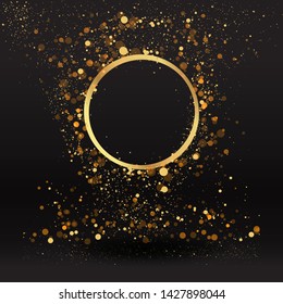 Luxury golden sparkle background, glitter border, circle frame Black and golden vector luminous dust. Birthday cards, valentine or wedding invitations, elegant Christmas party posters 