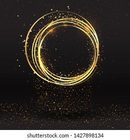 Luxury golden sparkle background, glitter border, circle frame Black and golden vector luminous dust. Birthday cards, valentine or wedding invitations, elegant Christmas party posters 