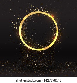 Luxury golden sparkle background, glitter border, circle frame Black and golden vector luminous dust. Birthday cards, valentine or wedding invitations, elegant Christmas party posters 
