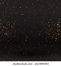 Luxury golden sparkle background, glitter magic glowing. Black and gold vector luminous dust with bokeh. Birthday cards, valentine day, wedding invitations, Christmas party poster for web and print 