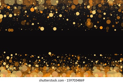 Luxury golden sparkle background, glitter magic glowing. Black and gold vector luminous dust with bokeh. Birthday cards, valentine day, wedding invitations, Christmas party poster for web and print 