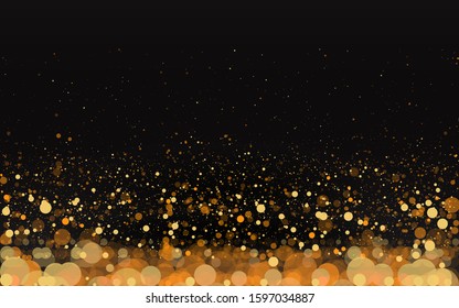 Luxury golden sparkle background, glitter magic glowing. Black and gold vector luminous dust with bokeh. Birthday cards, valentine day, wedding invitations, Christmas party poster for web and print 