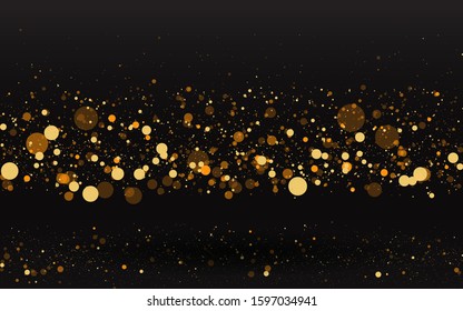 Luxury golden sparkle background, glitter magic glowing. Black and gold vector luminous dust with bokeh. Birthday cards, valentine day, wedding invitations, Christmas party poster for web and print 