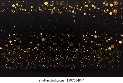 Luxury golden sparkle background, glitter magic glowing. Black and gold vector luminous dust with bokeh. Birthday cards, valentine day, wedding invitations, Christmas party poster for web and print 