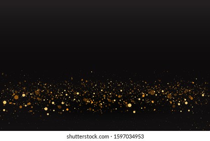 Luxury golden sparkle background, glitter magic glowing. Black and gold vector luminous dust with bokeh. Birthday cards, valentine day, wedding invitations, Christmas party poster for web and print 