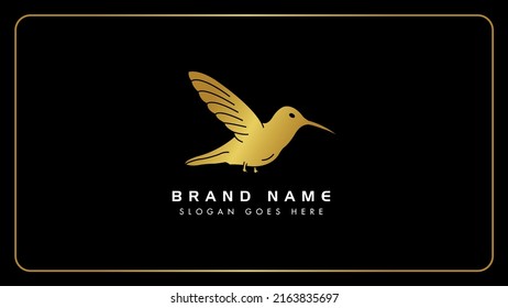 Luxury golden sparrow bird logo design template, Creative gold color elegant bird monogram icon, hummingbird vector illustration art, Isolated on black background.