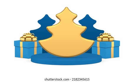 Luxury golden spruce bauble glossy decor on podium with blue festive gift box Christmas composition realistic 3d icon vector illustration. Premium winter holiday celebration congrats elements