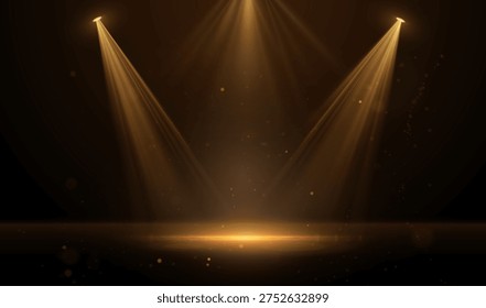 Luxury golden stage vector background with dramatic spotlight beams illuminating a glowing frame. Sparkling particles and light rays for luxurious awards ceremonies, presentations,