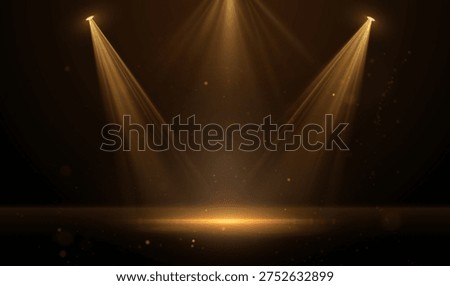 Luxury golden stage vector background with dramatic spotlight beams illuminating a glowing frame. Sparkling particles and light rays for luxurious awards ceremonies, presentations,