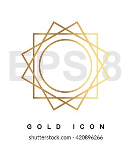 Luxury golden sun icon or logo. Vector illustration of shining symbol isolated on white.