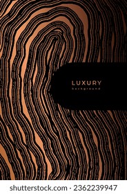Luxury golden template with wood annual rings texture. Banner with tree ring pattern. Stamp of tree trunk in section. Wooden concentric circles. Black and bronze marble background