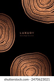 Luxury golden template with wood annual rings texture. Stamp of tree trunk in section. Background with shiny tree ring pattern. Wooden concentric circles. Black and bronze gold background