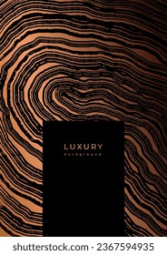 Luxury golden template with wooden  texture. Banner with tree slice pattern. Stamp of tree trunk in section. Wooden concentric circles. Black and bronze marble background