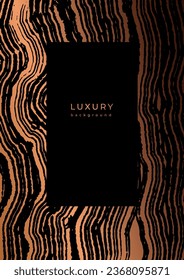 Luxury golden template with wooden  texture. Banner with tree slice pattern. Stamp of tree trunk in section. Wooden concentric circles. Black and bronze marble background