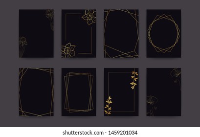 Luxury golden texture card set. Vector vintage elegant brochure cover background with gold geometric frame and flower pattern, design template for fashion voucher, wedding invitation