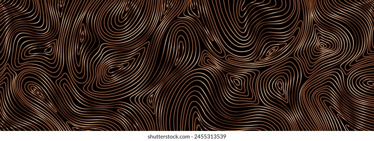 Luxury golden texture with waves. Flowing liquid pattern. Bronze curves. Black background with gold lines. Geometric rippled surface. Wavy golden design. Bronze curves.