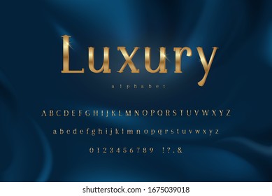 Luxury golden theme alphabet font set with uppercase lowercase and numbers on dark blue background