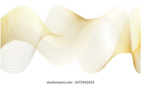 Luxury golden thin foil lines of gradient waves swoosh. 3d swirls sound of music bent and twisted in spirals. Dynamic motion background set for wedding backdrop.