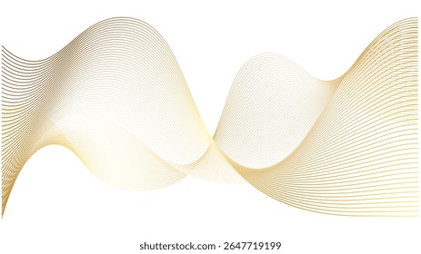 Luxury golden thin foil lines of gradient waves swoosh. 3d swirls sound of music bent and twisted in spirals. Dynamic motion background set for wedding backdrop.