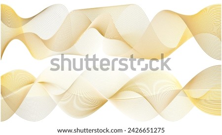 Luxury golden thin foil lines of gradient waves swoosh. 3d swirls sound of music bent and twisted in spirals. Dynamic motion background set for wedding backdrop.