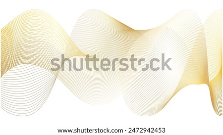 Luxury golden thin foil lines of gradient waves swoosh. 3d swirls sound of music bent and twisted in spirals. Dynamic motion background set for wedding backdrop.