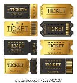 Luxury golden ticket template set for cinema, theater, concert, play, party, event or festival. Premium paper admit one and ticket samples icons. Vector illustration