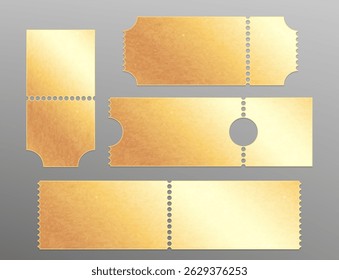 Coleção de bilhetes dourados de luxo - modelos em branco de ouro metálico brilhante de cupons elegantes com linhas pontilhadas para vouchers premium e convite vip. Passos de entrada de evento definidos em plano de fundo transparente