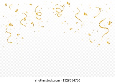 Luxury Golden Tiny Confetti And Streamer Ribbon Falling On Transparent Background. Vector