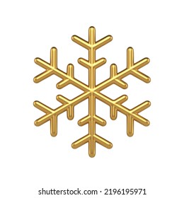 Luxury golden traditional circle snowflake decorative ornament glossy surface realistic 3d vector illustration. Expensive metallic shiny Christmas tree bauble snow ice winter rounded shape isolated