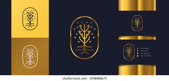 Luxury Golden Tree Logo with Foliage in a Circle, Can be Used for Hotel, Spa, Beauty, or Real Estate Logos