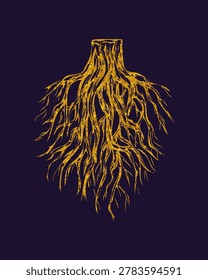 Luxury golden tree root illustration in elegant organic line style. Ideal for premium branding, packaging, tattoo art, spiritual design and modern wall decor.