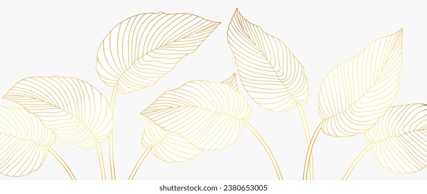 Vector de fondo de arte tropical dorado de lujo. Hojas botánicas naturales elegantes con línea dorada. Ilustración de diseño para la decoración, decoración de paredes, papel pintado, cubierta, banner, afiche, postal.	