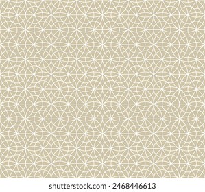 Luxury golden vector geometric seamless pattern with floral silhouettes, thin curved lines, hexagons, triangles, circles, lattice, grid. Abstract minimal gold linear background. Oriental style texture