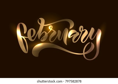 Luxury golden vector illustration of "Fabruary" calligraphy (logotype, text) on dark black background for web Page, pamphlet, circular, handbill, Store. Season Greetings for Sale, Shop, catalog
