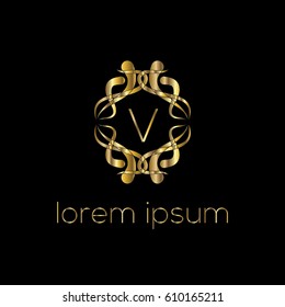 Luxury golden vector logo design letter V. Stylish border