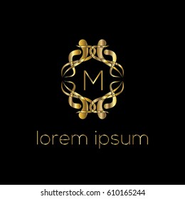 Luxury golden vector logo design letter M. Stylish border