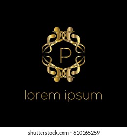 Luxury golden vector logo design letter P. Stylish border