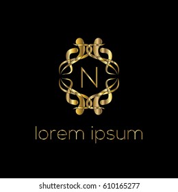 Luxury golden vector logo design letter N. Stylish border