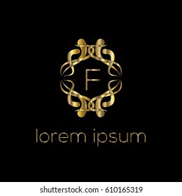 Luxury golden vector logo design letter F. Stylish border