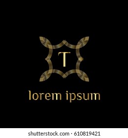 Luxury golden vector logo design template letter T. Striped monogram frame