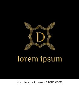 Luxury golden vector logo design template letter D. Striped monogram frame