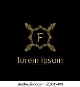 Luxury golden vector logo design template letter F. Striped monogram frame